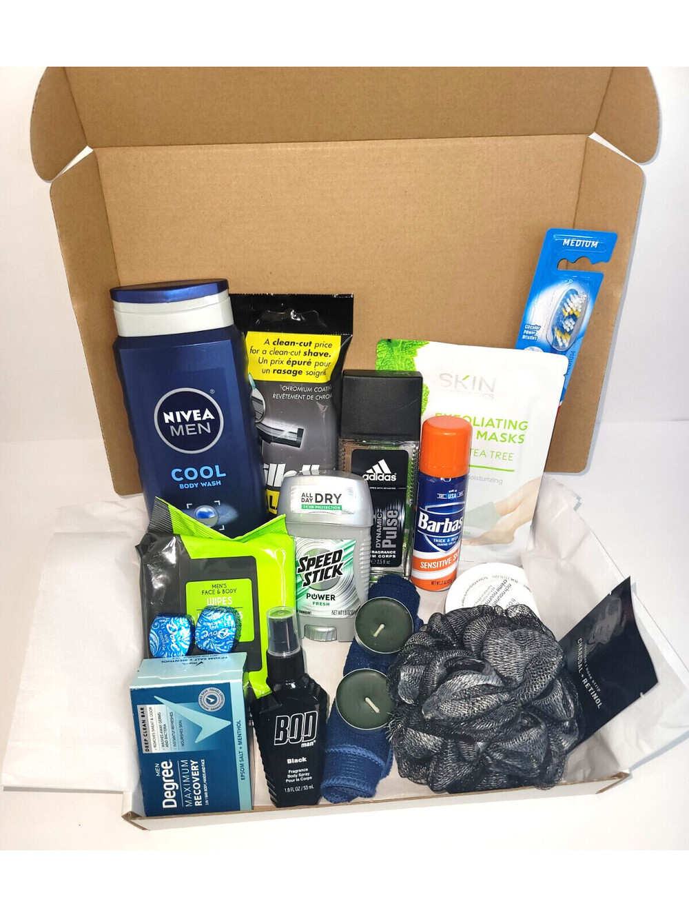 Men's Gift Box with Skincare, Personal Care Items, and Candl